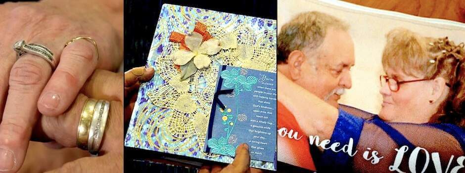 Photo Collage | Left: Two Older Adult Hands - One On Top Of Another - With Wedding Rings; Middle: Greeting Card; Right: Photo Of The Older Adults Hugging