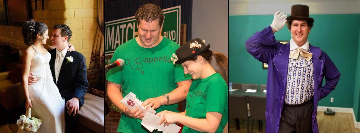 Photo Collage: InnovAge Area Medical Director Dr. James Libbon And Wife On Wedding Day; Dr. James Libbon And Partner Smiling And Opening An Envelope: Dr. Libbon In A Purple Theatre Costume