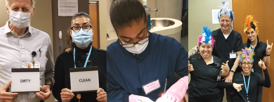 Collage Of InnovAge Employees: Left: Employees Holding "Dirty" and "Clean" | Middle: Dental Hygienist At Work On A Participant | Right: Employees Grouped Together In Hats