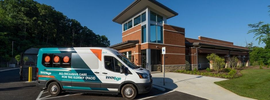 InnovAge Virginia PACE - Roanoke Valley Exterior Entrance With An InnovAge Van Parked In Front